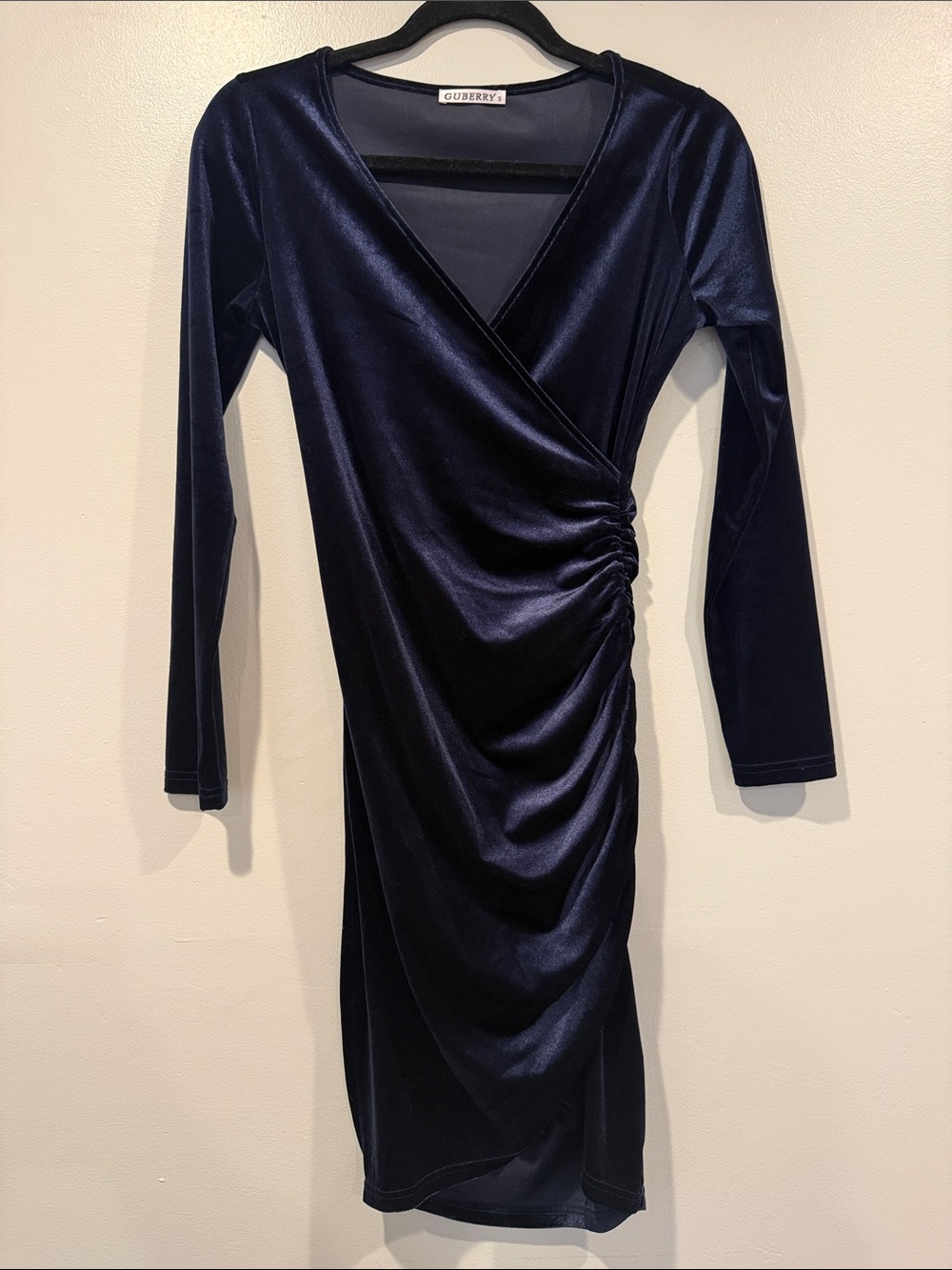 Navy Velvet Ruched Wrap Long-Sleeve Dress